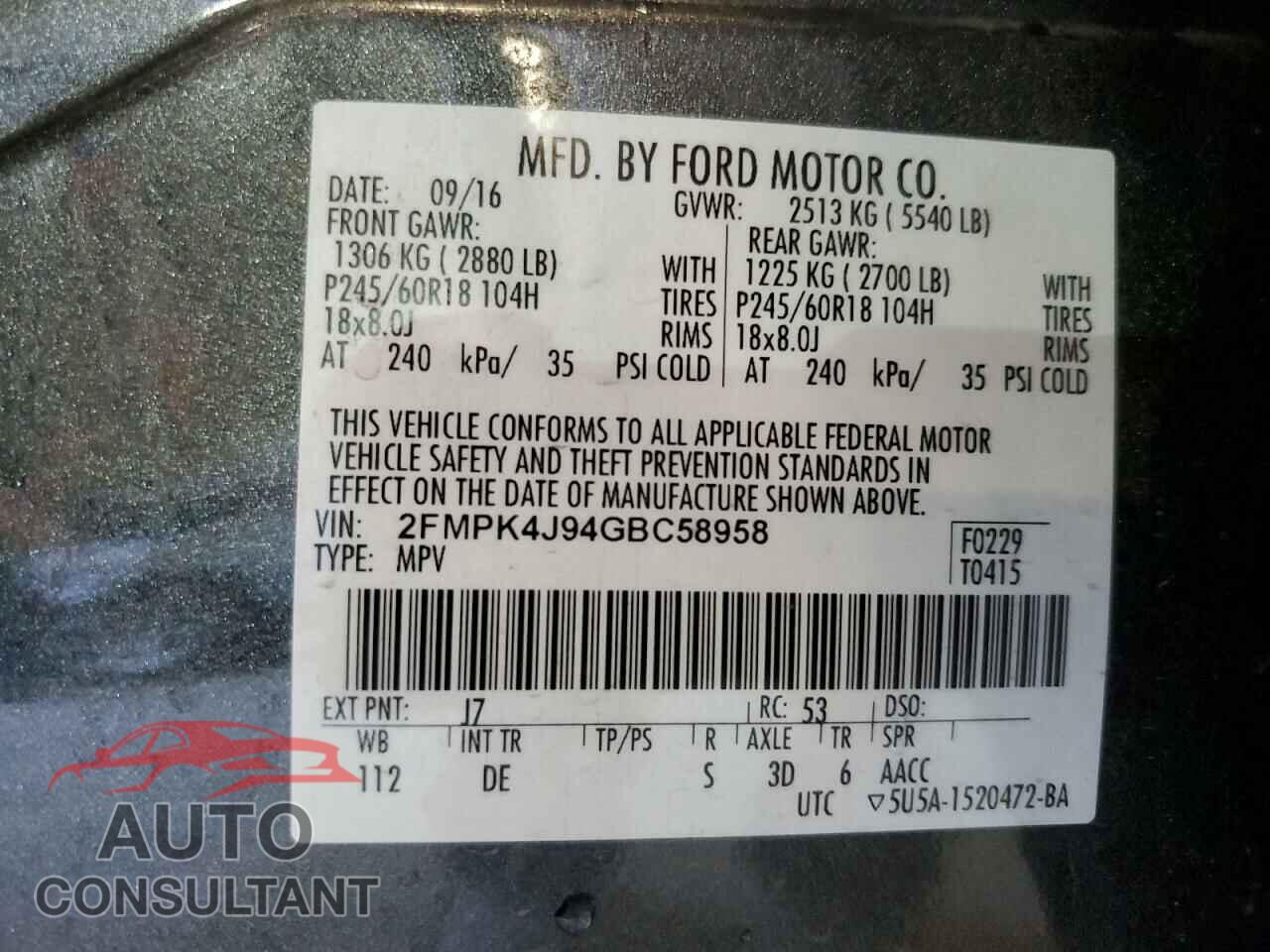 FORD EDGE 2016 - 2FMPK4J94GBC58958