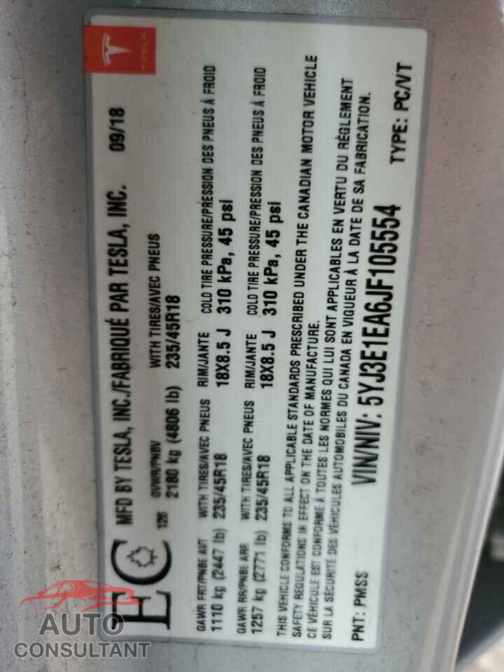 TESLA MODEL 3 2018 - 5YJ3E1EA6JF105554