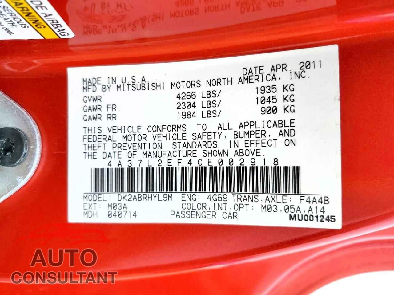 MITSUBISHI ECLIPSE 2012 - 4A37L2EF4CE002918