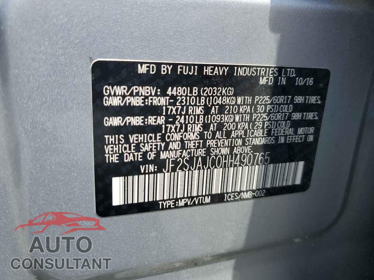 SUBARU FORESTER 2017 - JF2SJAJC0HH490765
