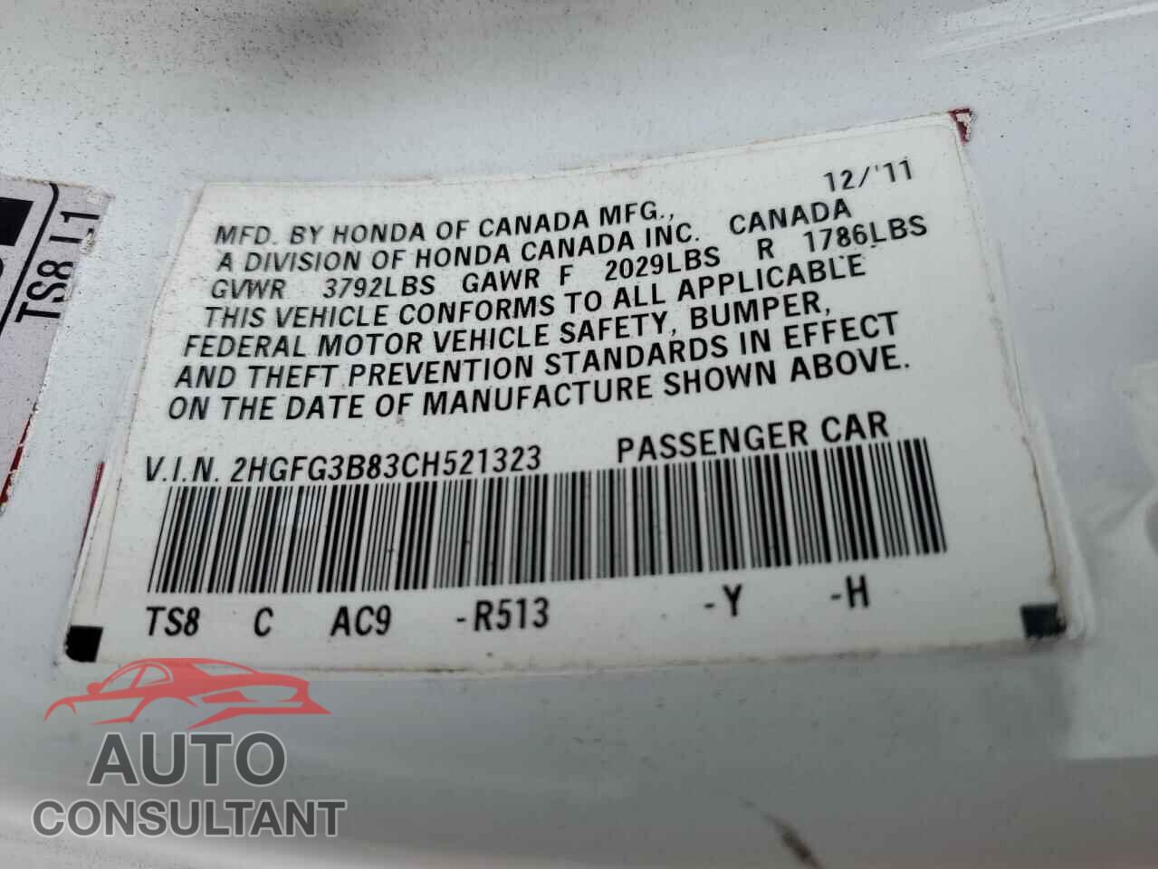 HONDA CIVIC 2012 - 2HGFG3B83CH521323