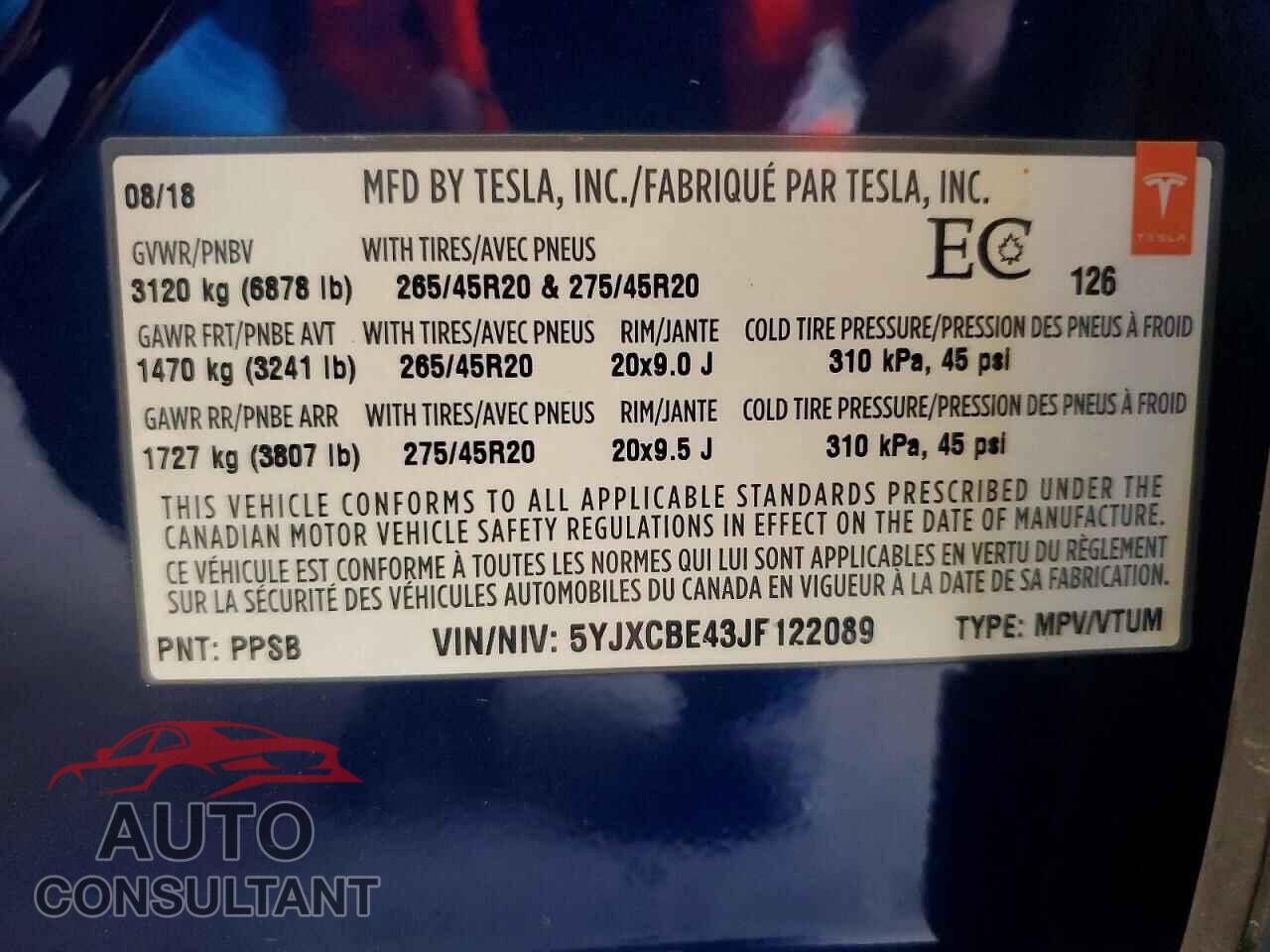 TESLA MODEL X 2018 - 5YJXCBE43JF122089