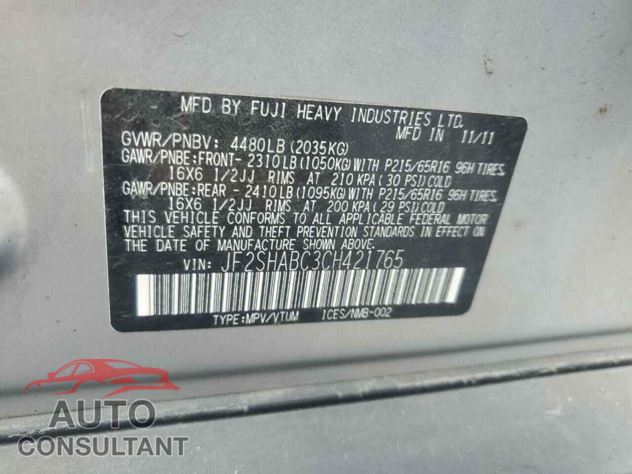 SUBARU FORESTER 2012 - JF2SHABC3CH421765