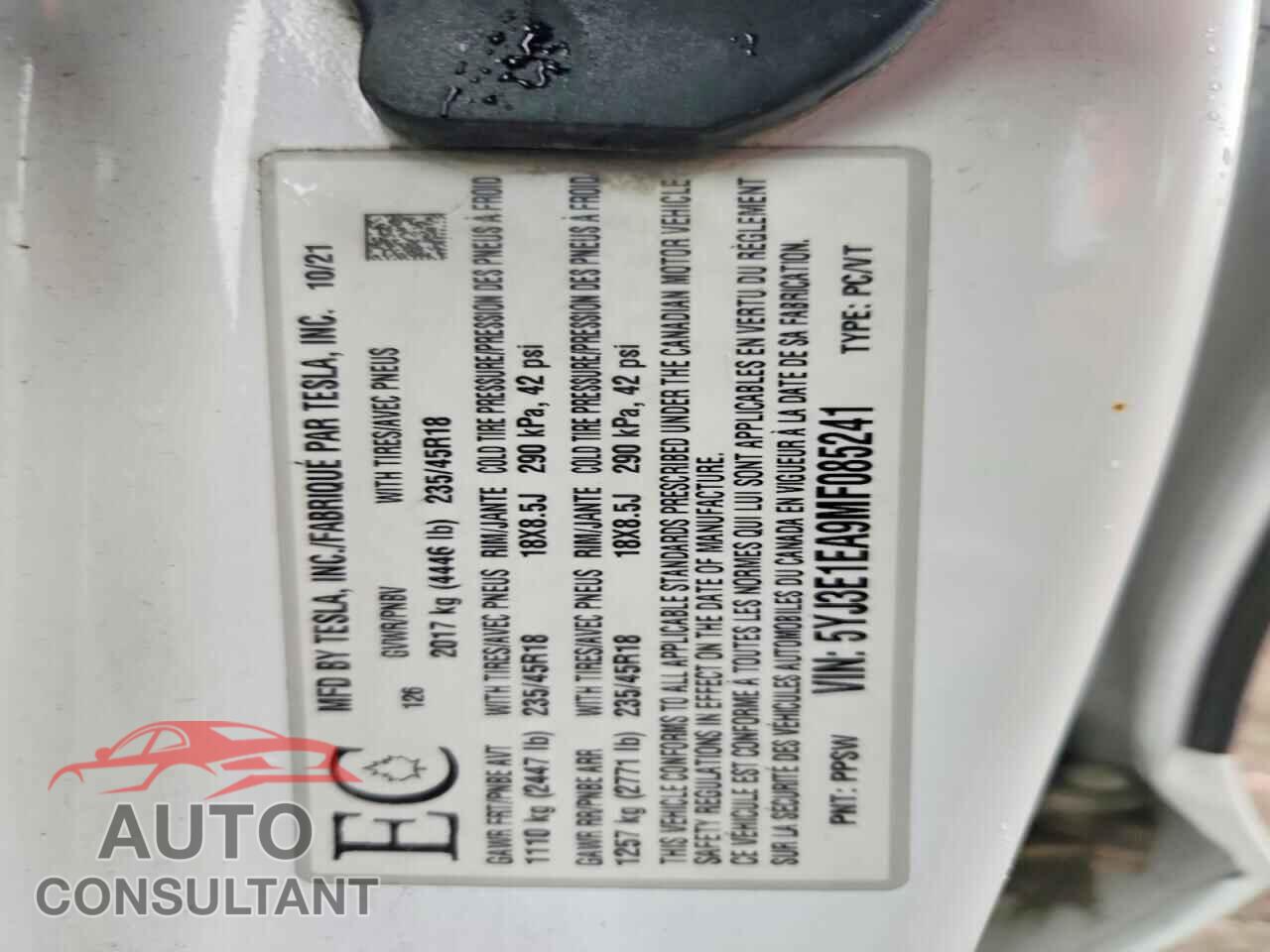 TESLA MODEL 3 2021 - 5YJ3E1EA9MF085241