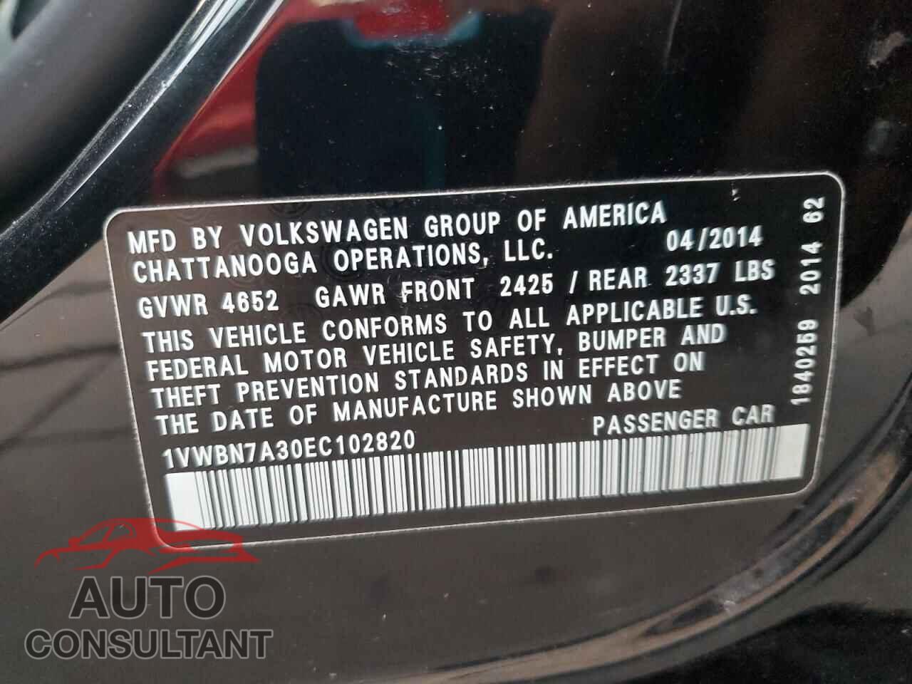 VOLKSWAGEN PASSAT 2014 - 1VWBN7A30EC102820