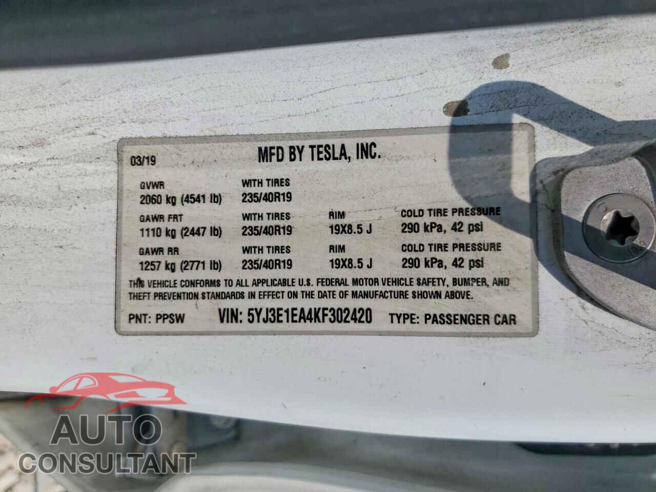TESLA MODEL 3 2019 - 5YJ3E1EA4KF302420