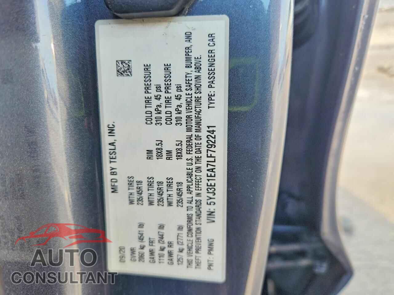 TESLA MODEL 3 2020 - 5YJ3E1EA7LF792241