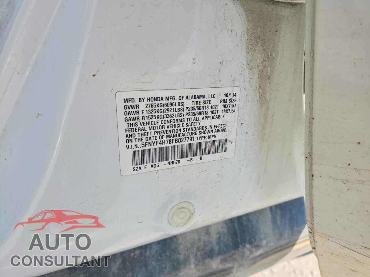 HONDA PILOT 2015 - 5FNYF4H78FB027791