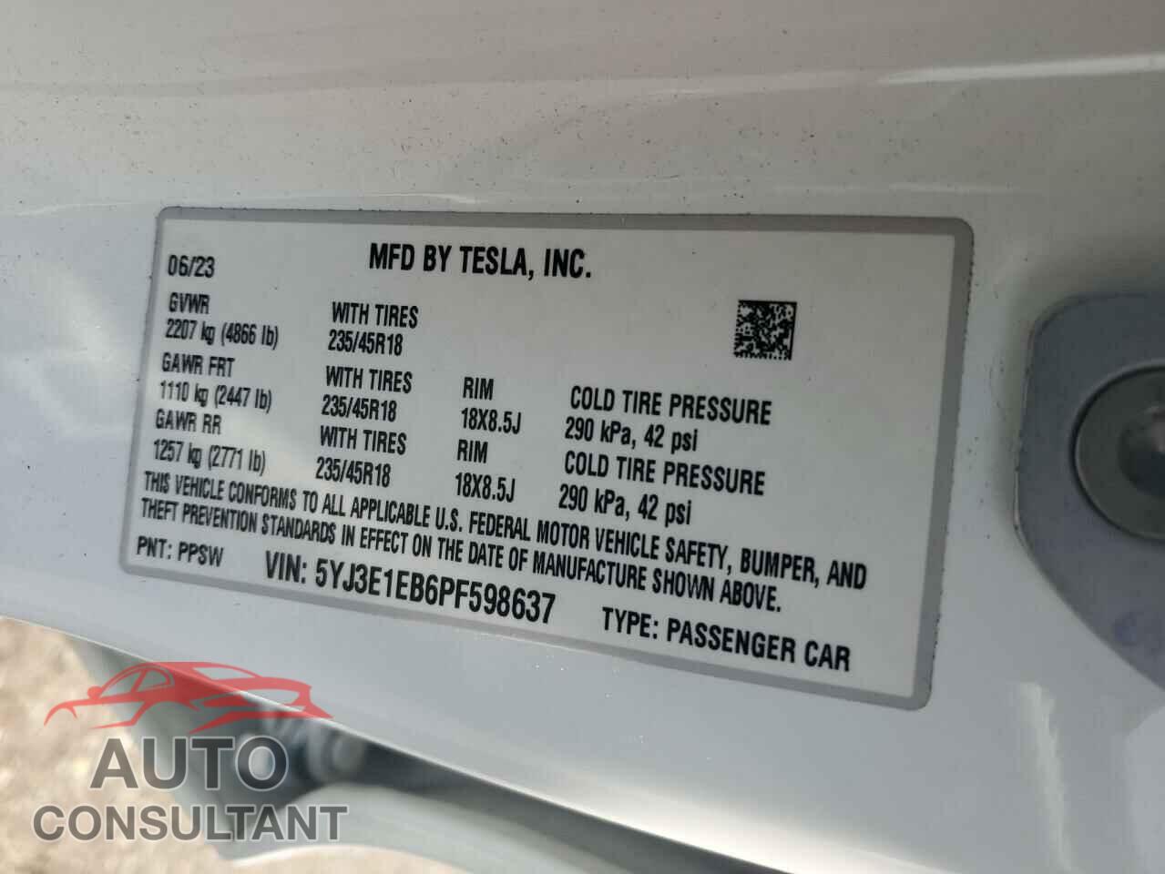 TESLA MODEL 3 2023 - 5YJ3E1EB6PF598637