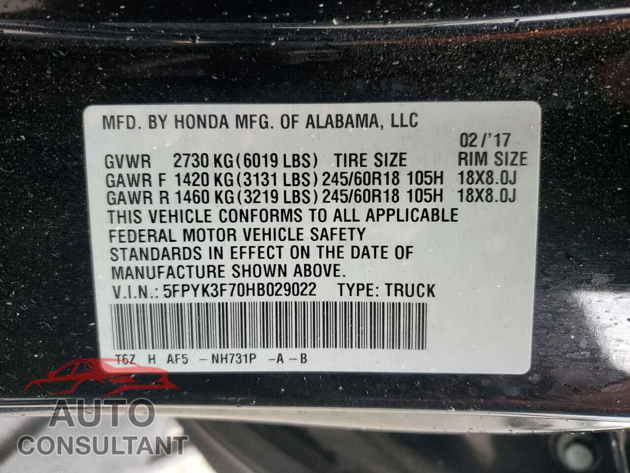 HONDA RIDGELINE 2017 - 5FPYK3F70HB029022