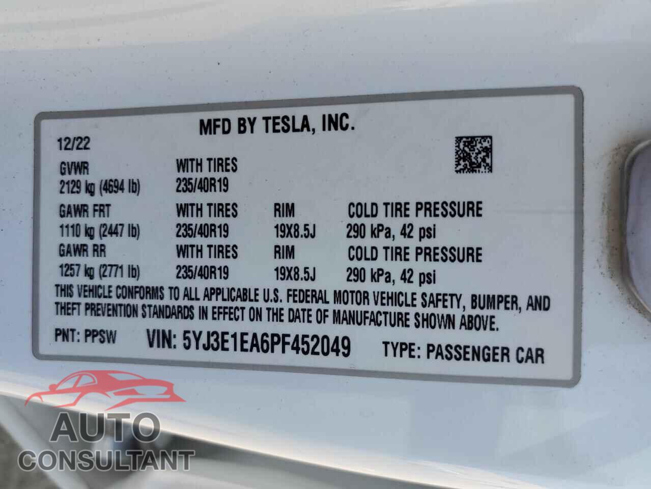 TESLA MODEL 3 2023 - 5YJ3E1EA6PF452049