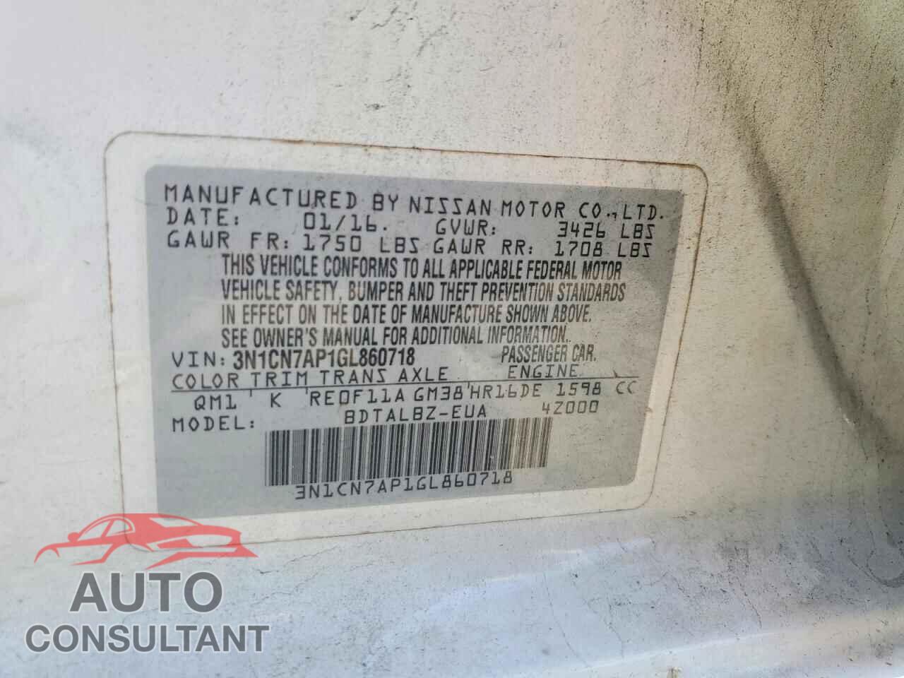 NISSAN VERSA 2016 - 3N1CN7AP1GL860718