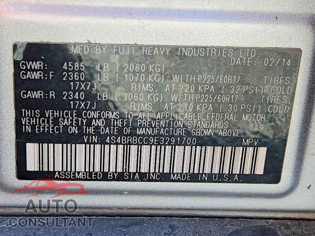 SUBARU OUTBACK 2014 - 4S4BRBCC9E3291700