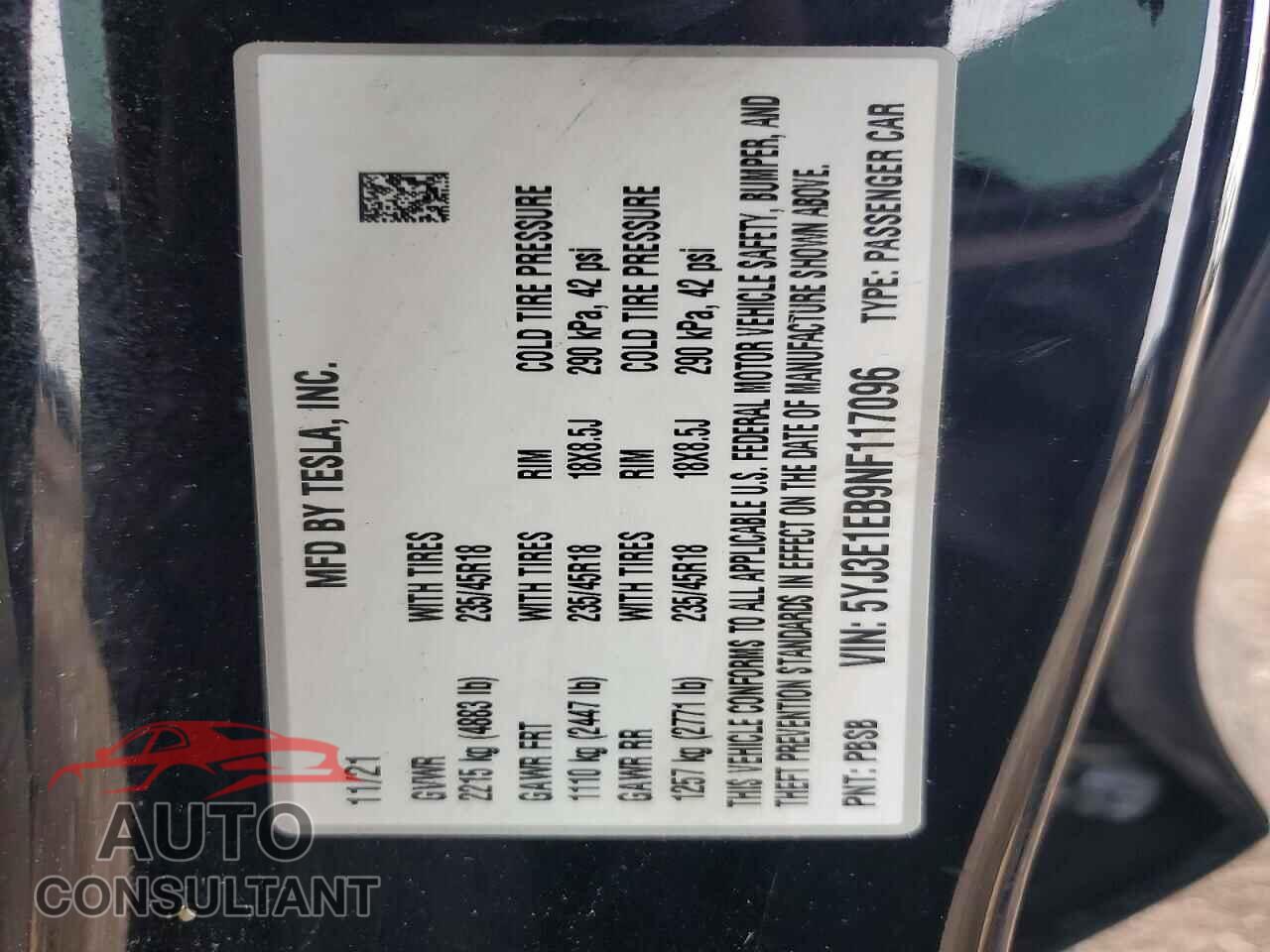 TESLA MODEL 3 2022 - 5YJ3E1EB9NF117096