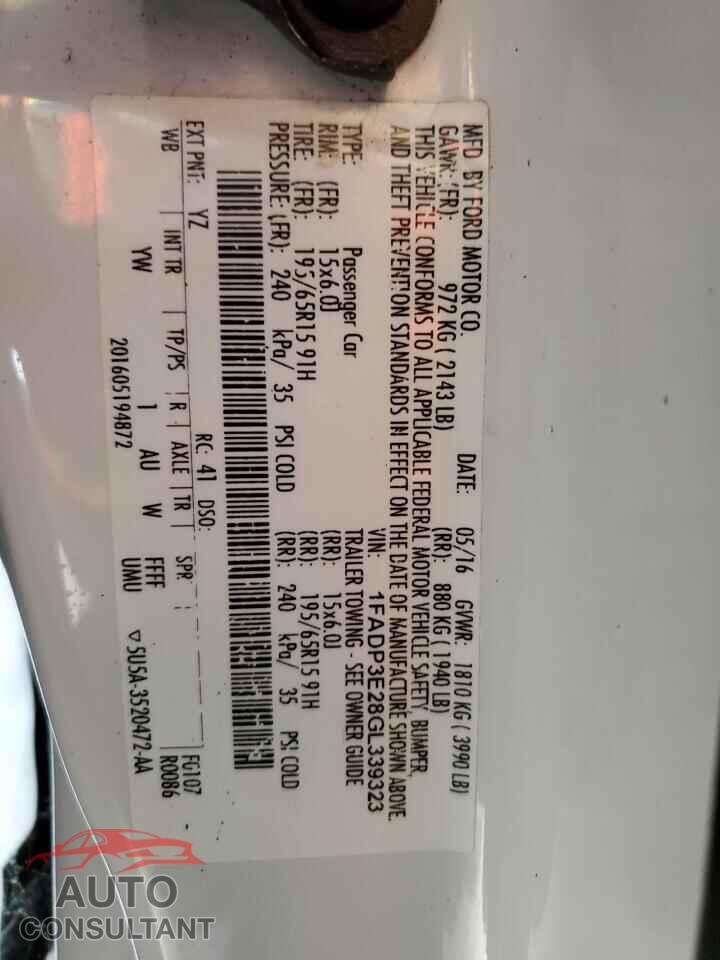 FORD FOCUS 2016 - 1FADP3E28GL339323