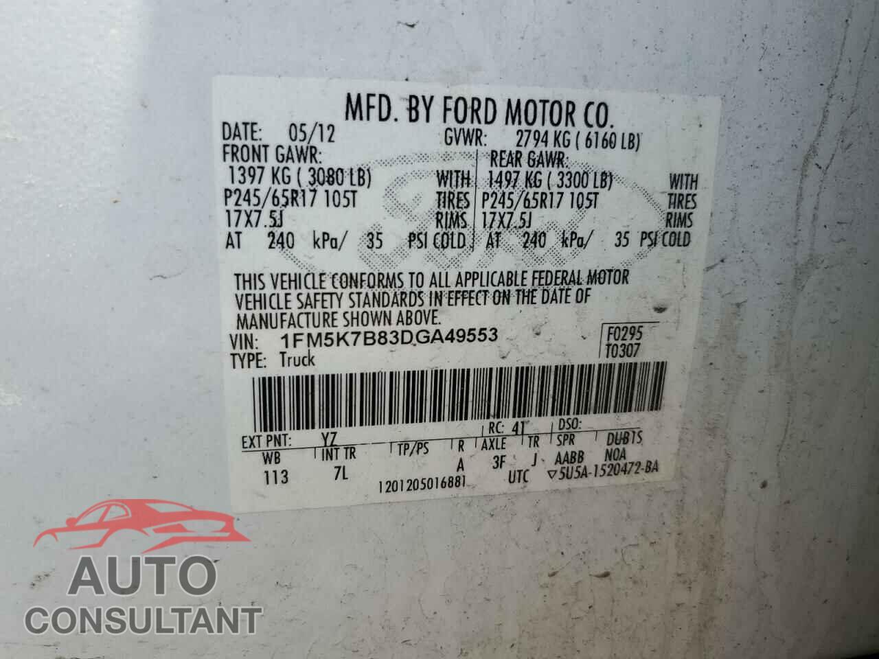 FORD EXPLORER 2013 - 1FM5K7B83DGA49553