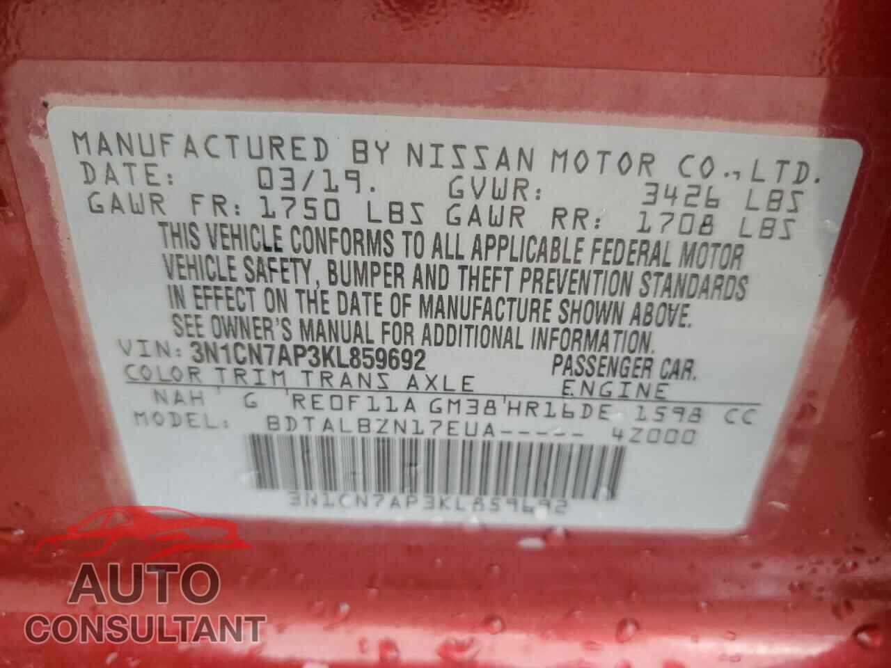 NISSAN VERSA 2019 - 3N1CN7AP3KL859692