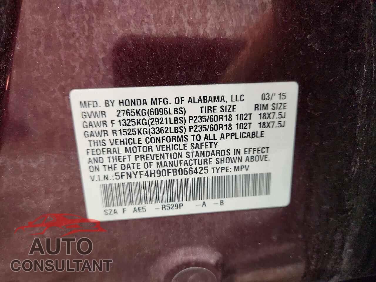 HONDA PILOT 2015 - 5FNYF4H90FB066425
