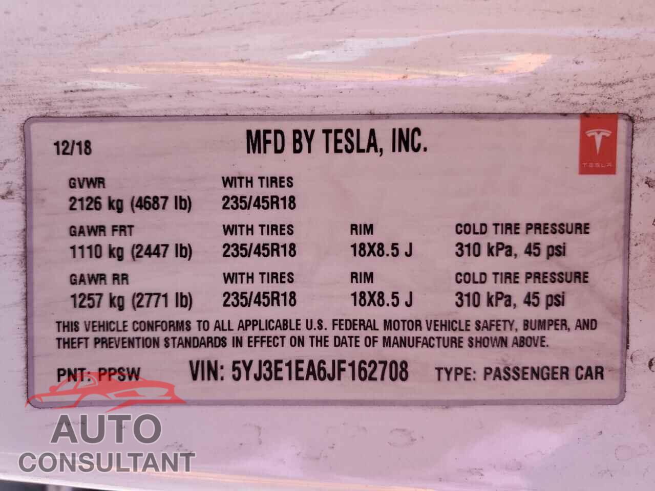 TESLA MODEL 3 2018 - 5YJ3E1EA6JF162708