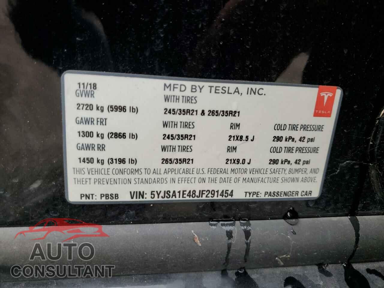 TESLA MODEL S 2018 - 5YJSA1E48JF291454
