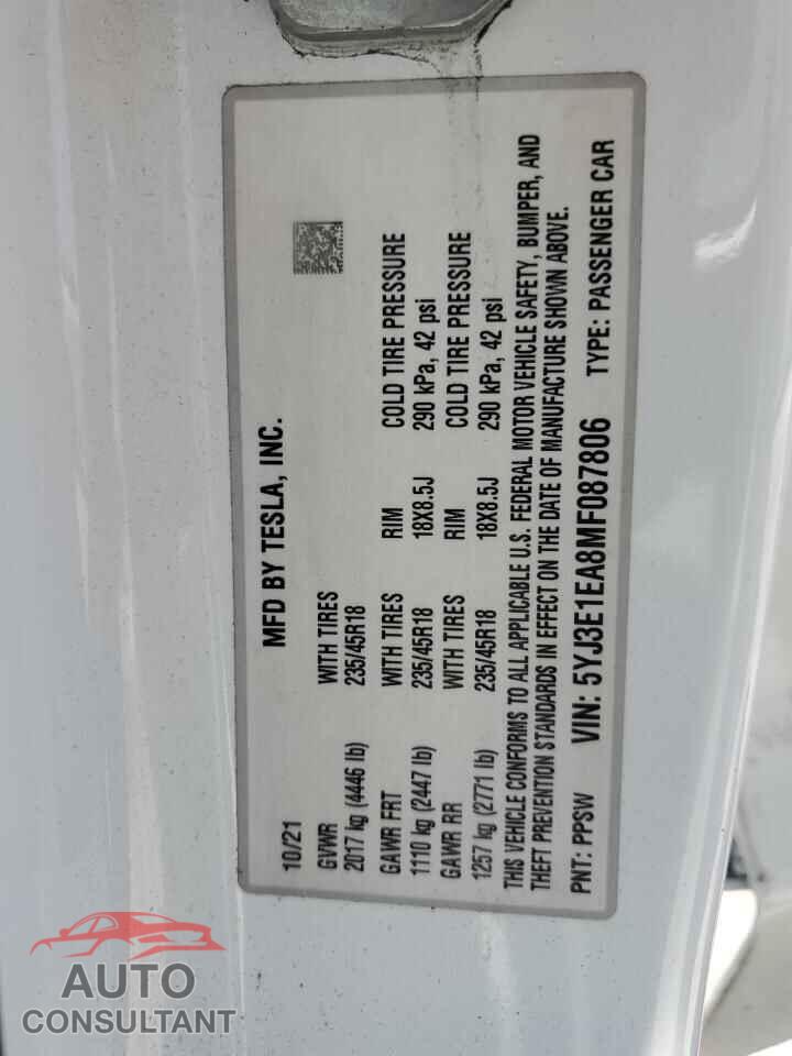 TESLA MODEL 3 2021 - 5YJ3E1EA8MF087806