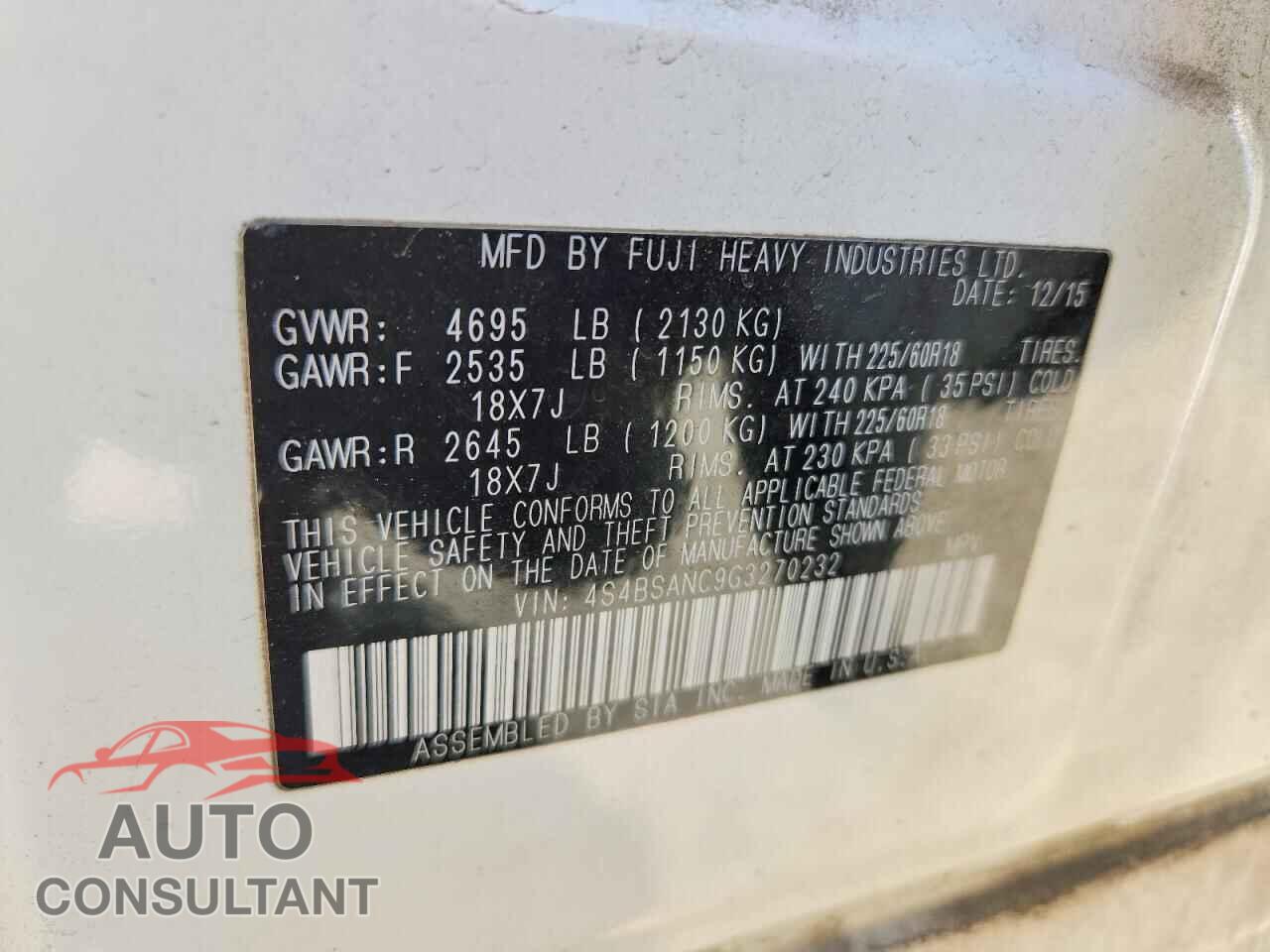SUBARU OUTBACK 2016 - 4S4BSANC9G3270232