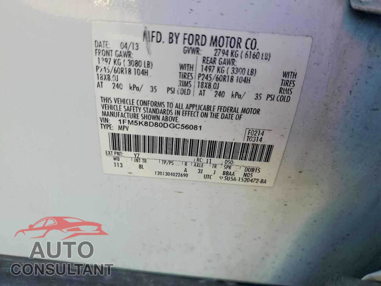 FORD EXPLORER 2013 - 1FM5K8D80DGC56081