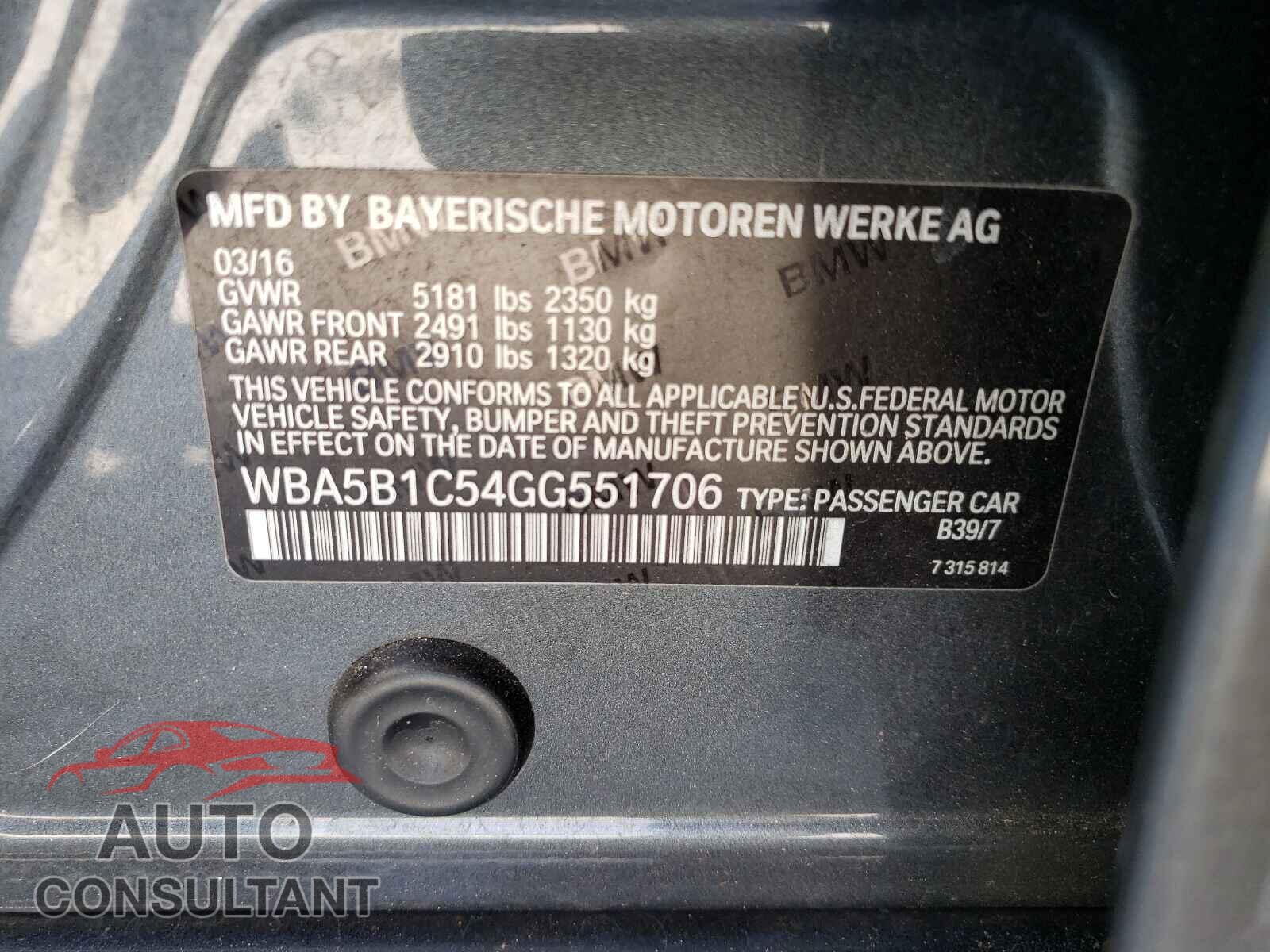 BMW 5 SERIES 2016 - WBA5B1C54GG551706