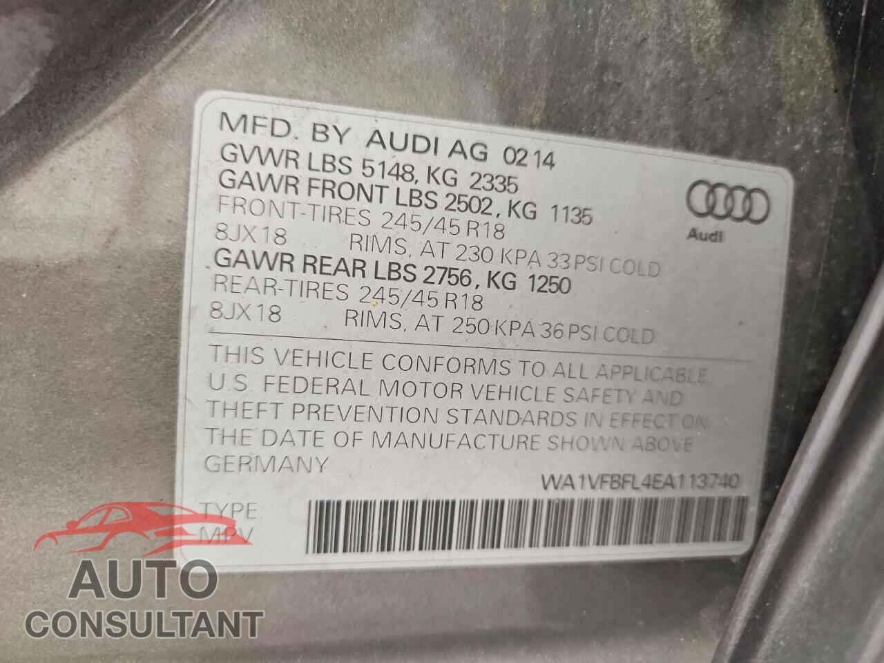 AUDI A4 2014 - WA1VFBFL4EA113740