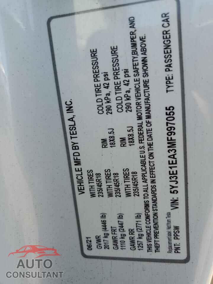 TESLA MODEL 3 2021 - 5YJ3E1EA3MF997055