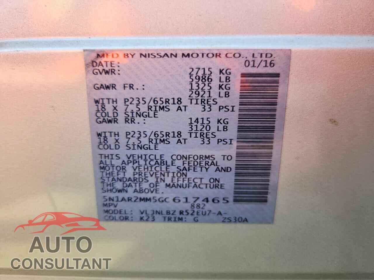NISSAN PATHFINDER 2016 - 5N1AR2MM5GC617465