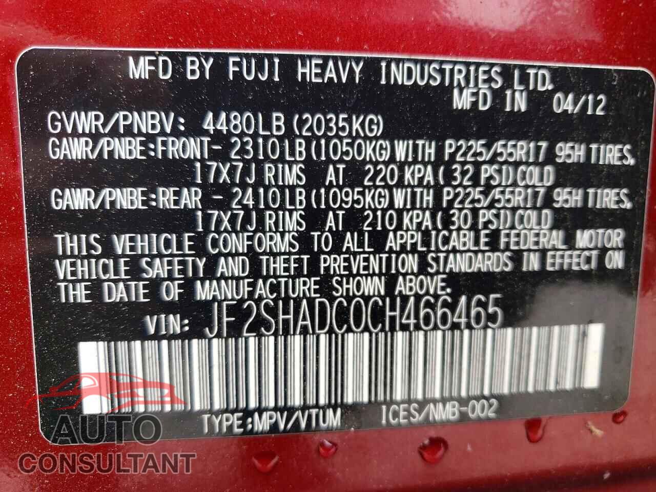 SUBARU FORESTER 2012 - JF2SHADC0CH466465