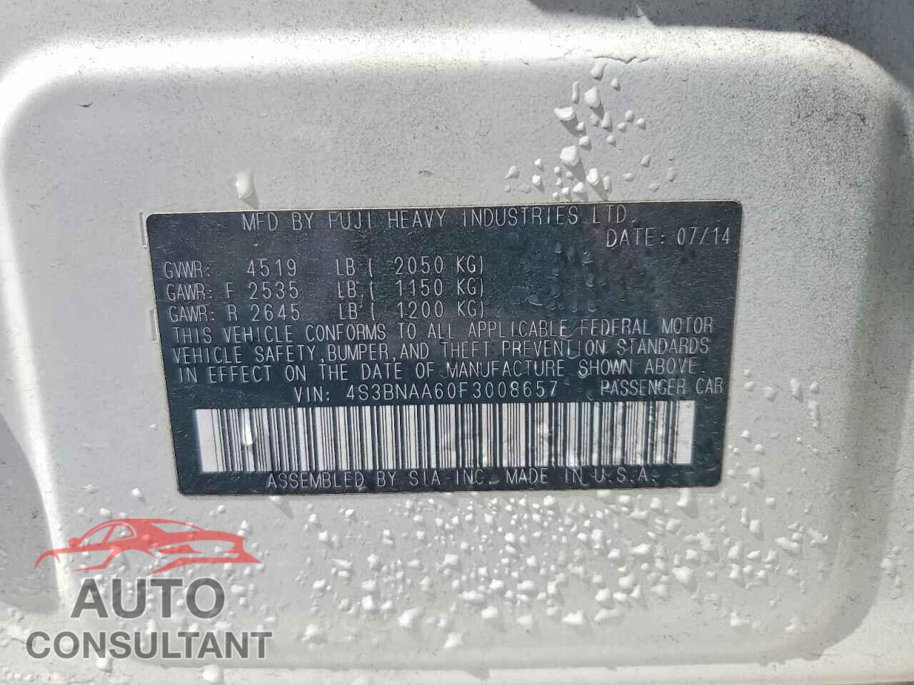 SUBARU LEGACY 2015 - 4S3BNAA60F3008657