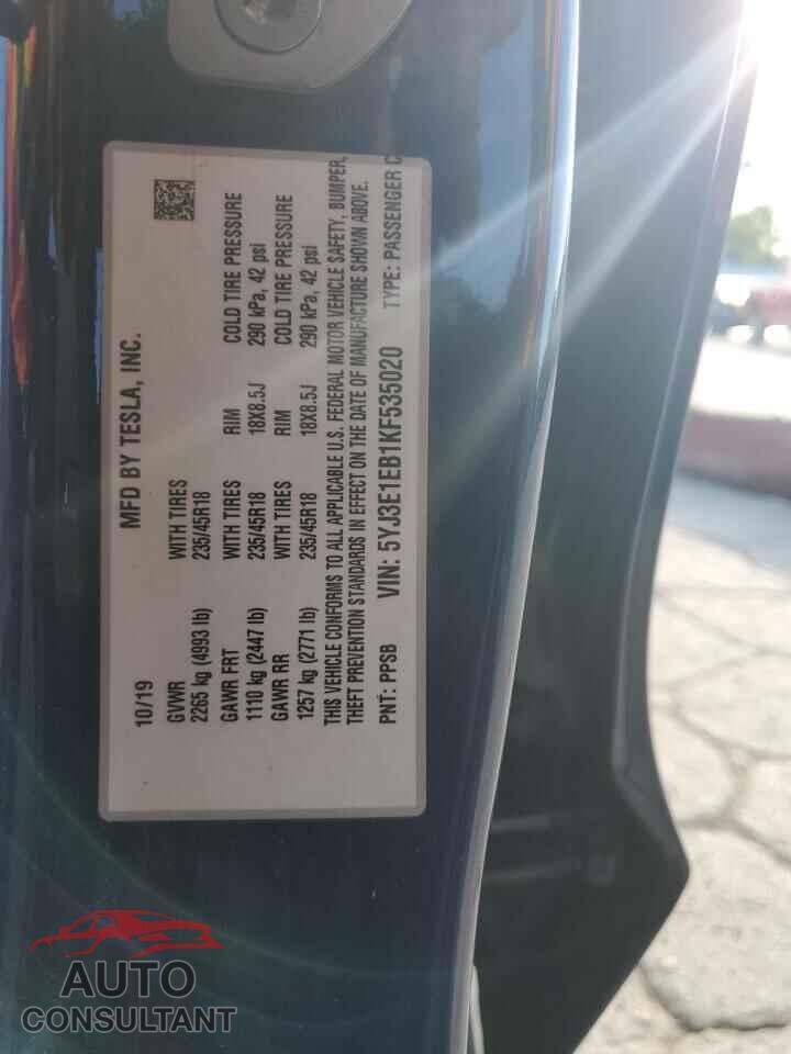 TESLA MODEL 3 2019 - 5YJ3E1EB1KF535020