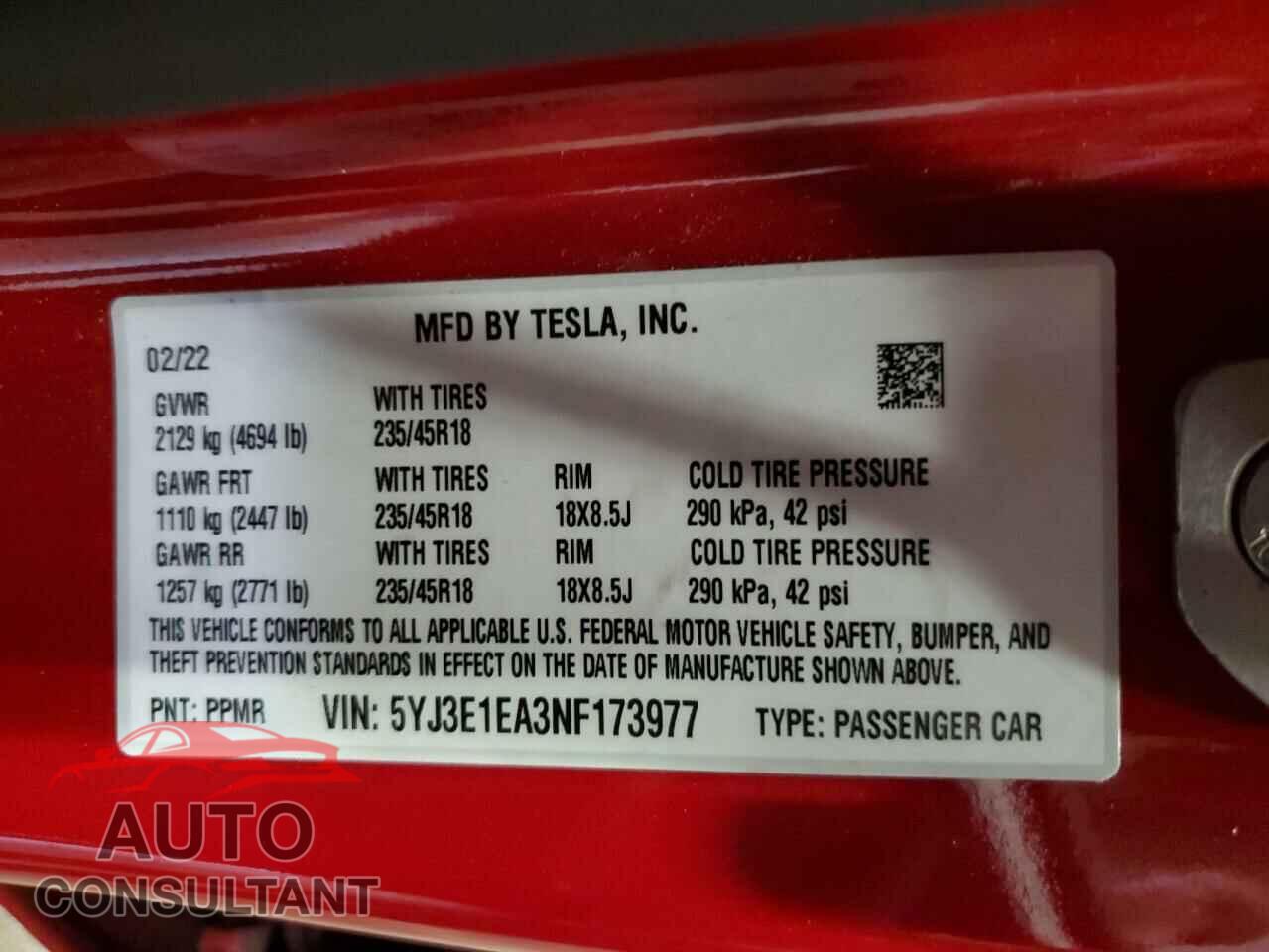 TESLA MODEL 3 2022 - 5YJ3E1EA3NF173977