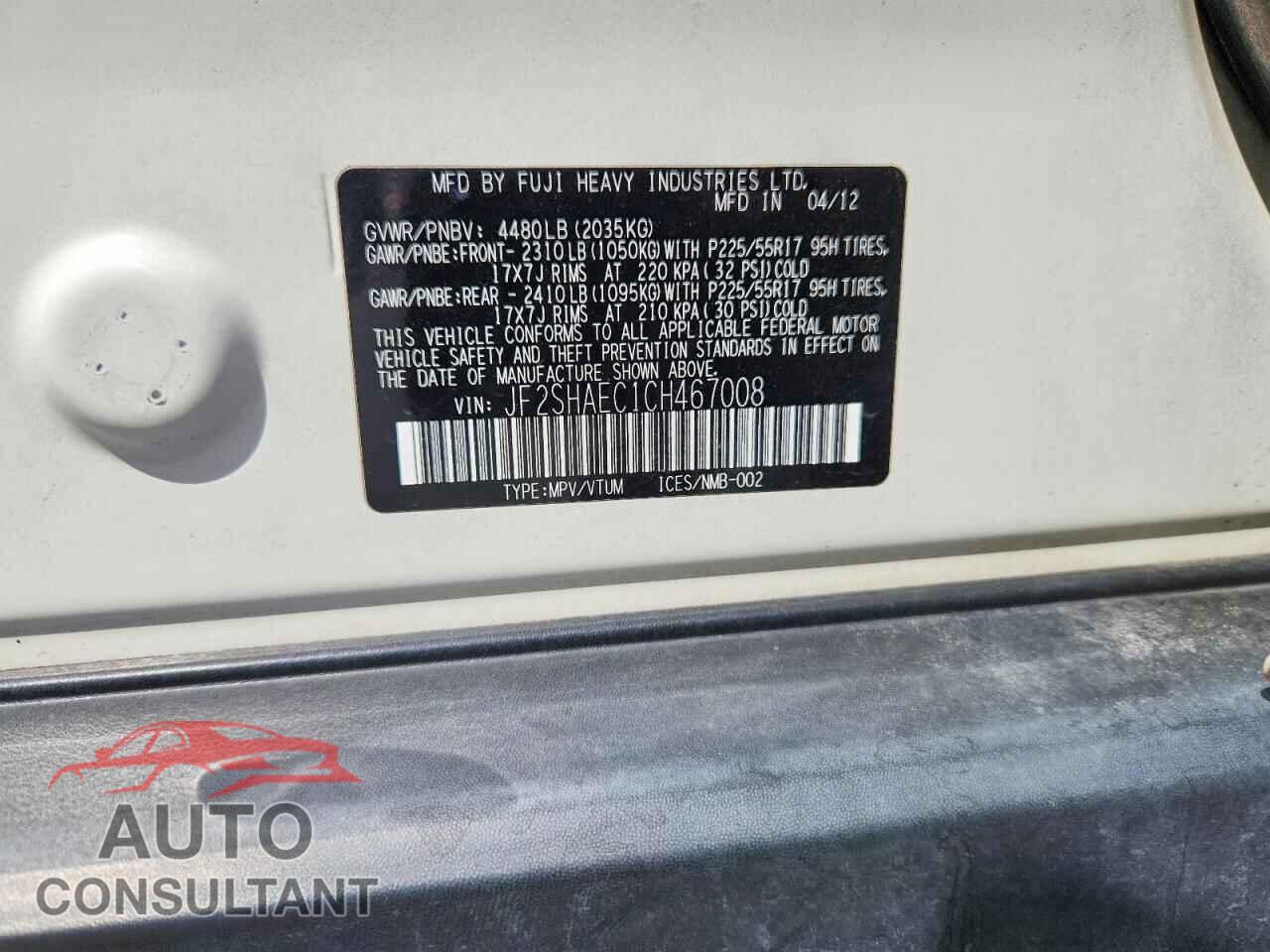 SUBARU FORESTER 2012 - JF2SHAEC1CH467008
