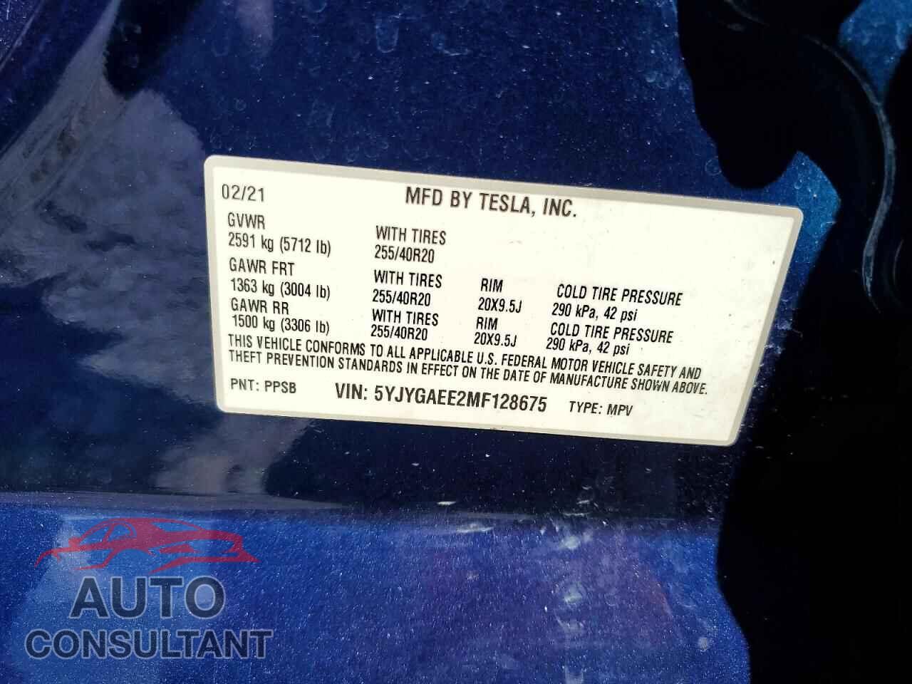TESLA MODEL Y 2021 - 5YJYGAEE2MF128675