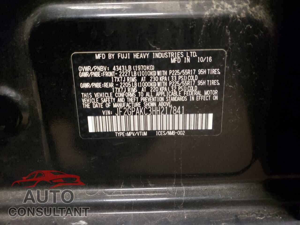 SUBARU CROSSTREK 2017 - JF2GPAKC3HH217841
