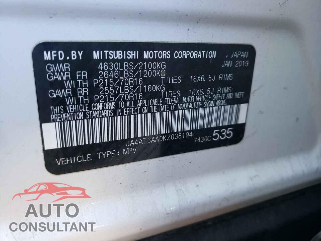 MITSUBISHI ECLIPSE 2019 - JA4AT3AA0KZ038194