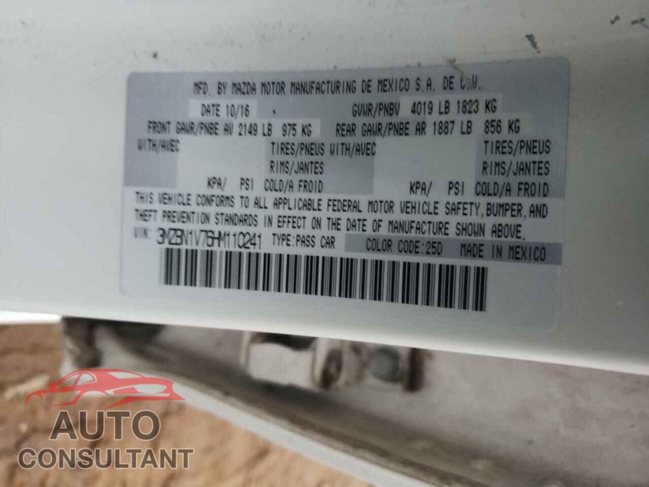 MAZDA 3 2017 - 3MZBN1V76HM110241
