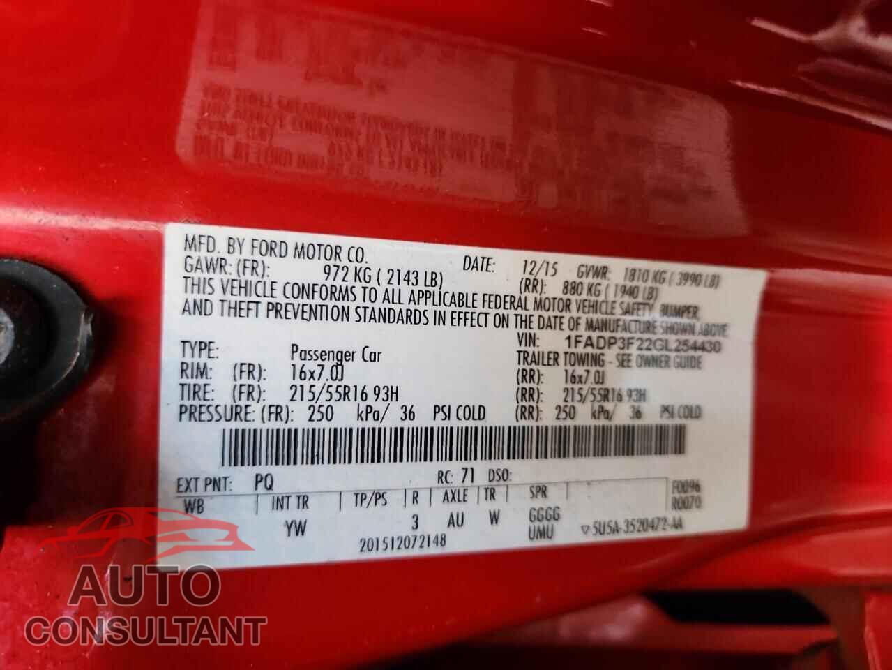 FORD FOCUS 2016 - 1FADP3F22GL254430