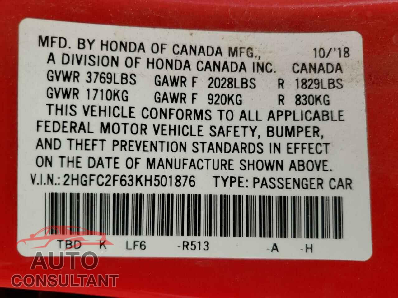 HONDA CIVIC 2019 - 2HGFC2F63KH501876