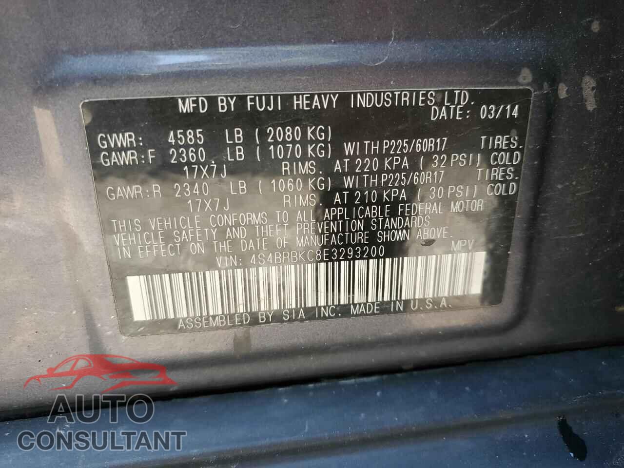 SUBARU OUTBACK 2014 - 4S4BRBKC8E3293200