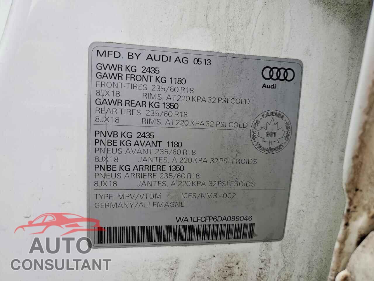 AUDI Q5 2013 - WA1LFCFP6DA099046