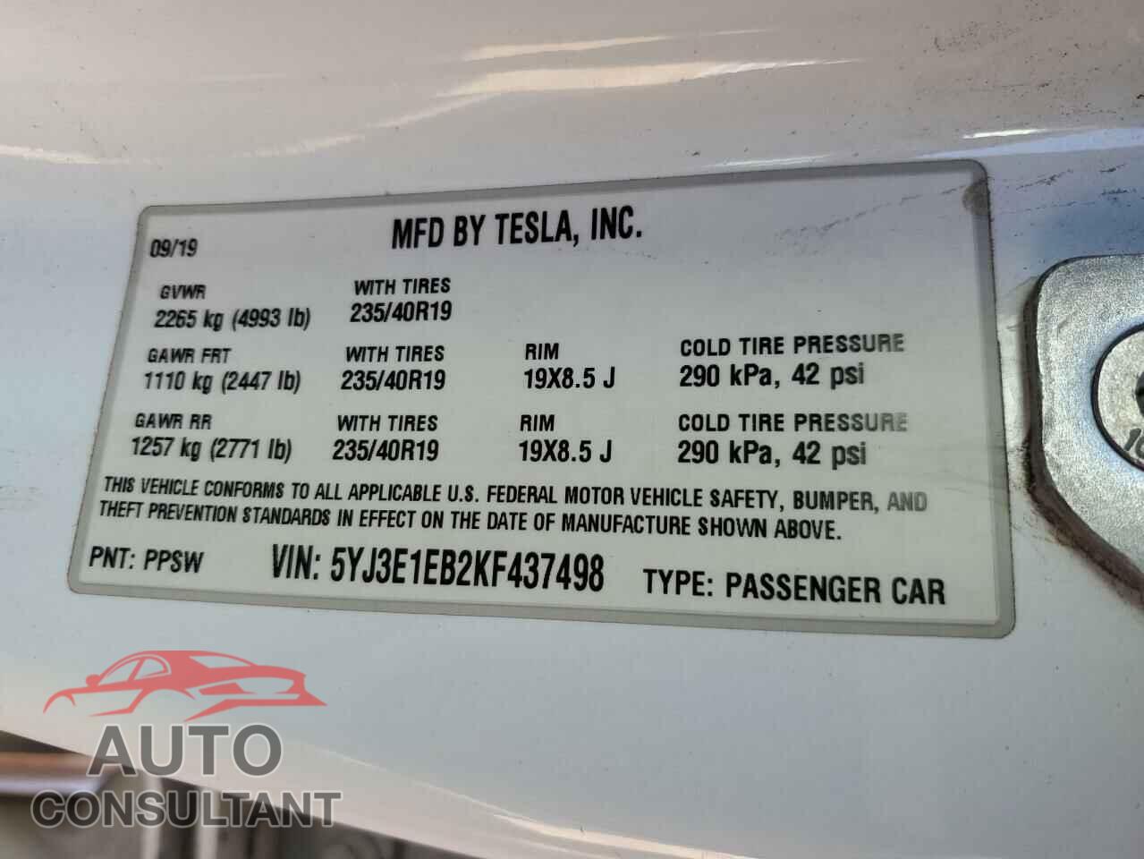 TESLA MODEL 3 2019 - 5YJ3E1EB2KF437498