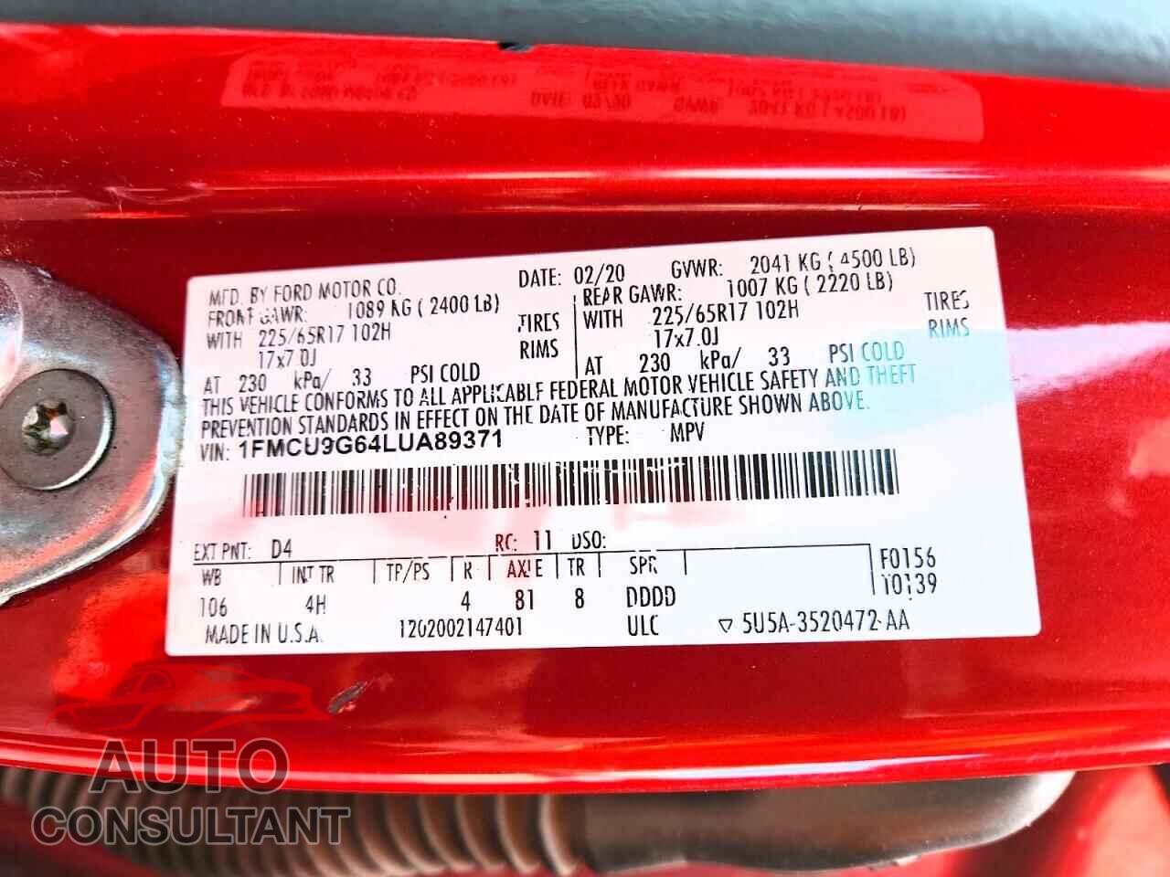 FORD ESCAPE 2020 - 1FMCU9G64LUA89371