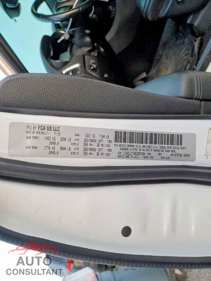 DODGE DURANGO 2019 - 1C4SDJCTXKC827434