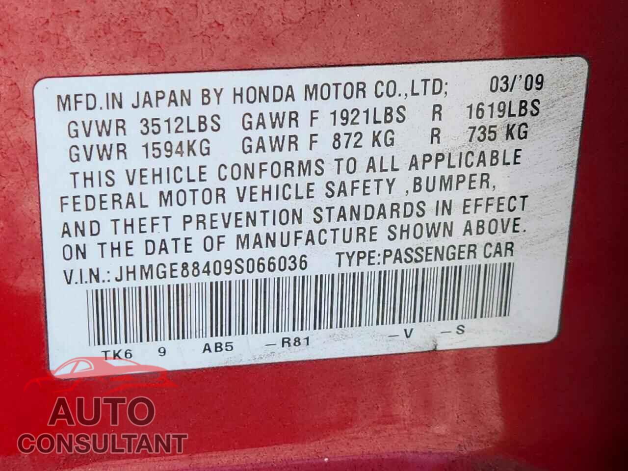 HONDA FIT 2009 - JHMGE88409S066036