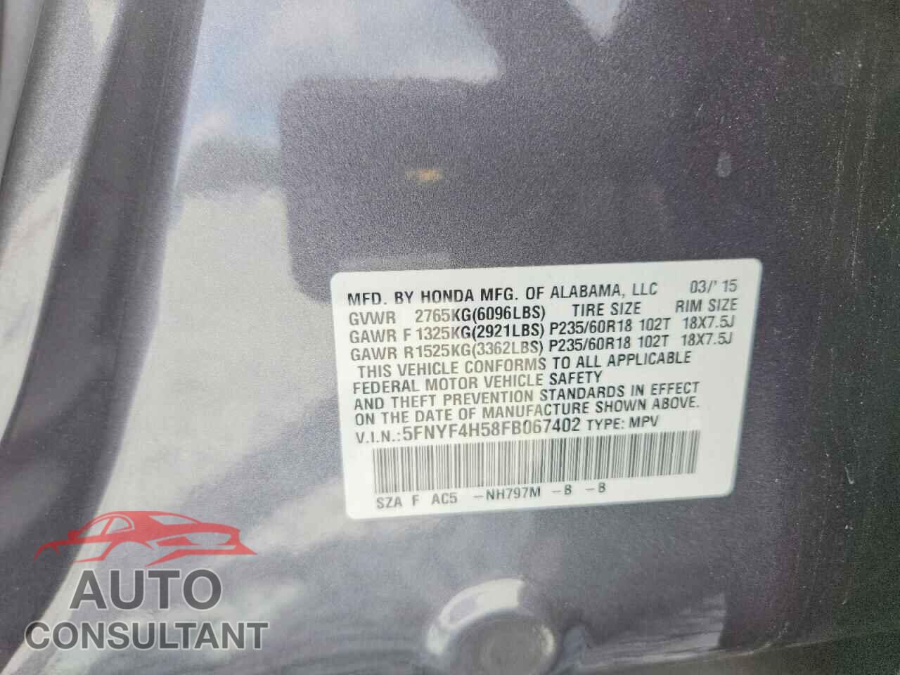HONDA PILOT 2015 - 5FNYF4H58FB067402