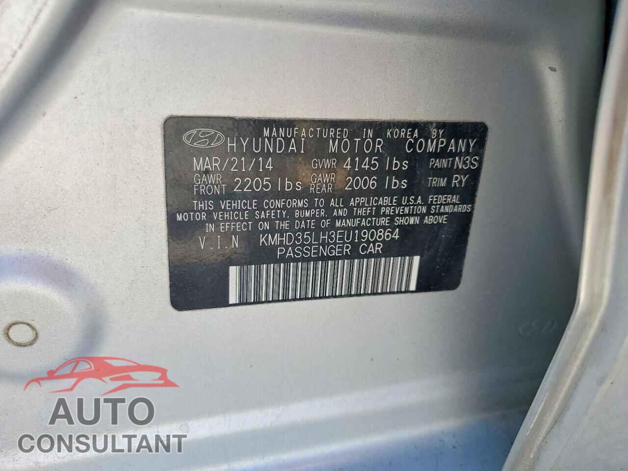 HYUNDAI ELANTRA 2014 - KMHD35LH3EU190864